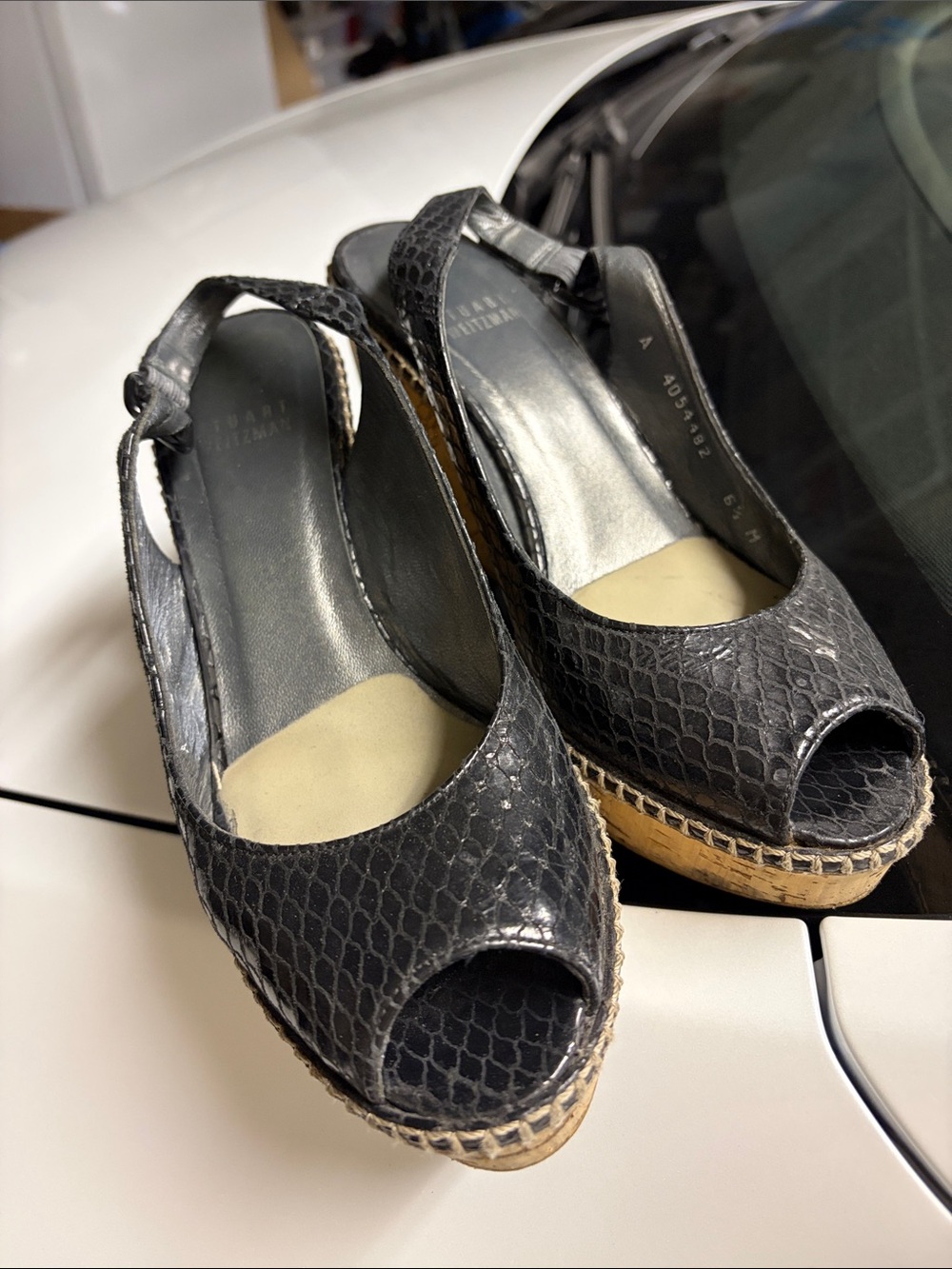 Stuart Weitzman Black Snakeskin Peep-Toe Espadrille Wedges